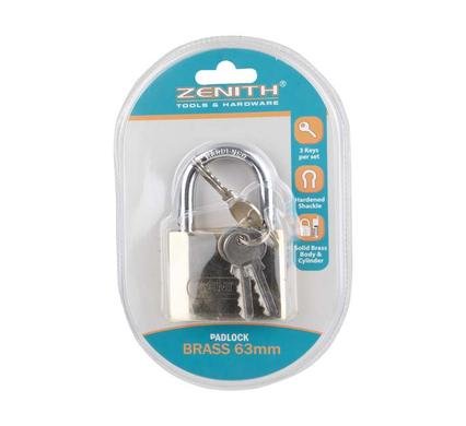 Padlock zenith brass 63mm carded