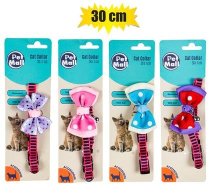 Pet cat collar w/bow 30cm asstd