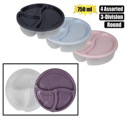 Lunch box clear base 3-div 750ml round